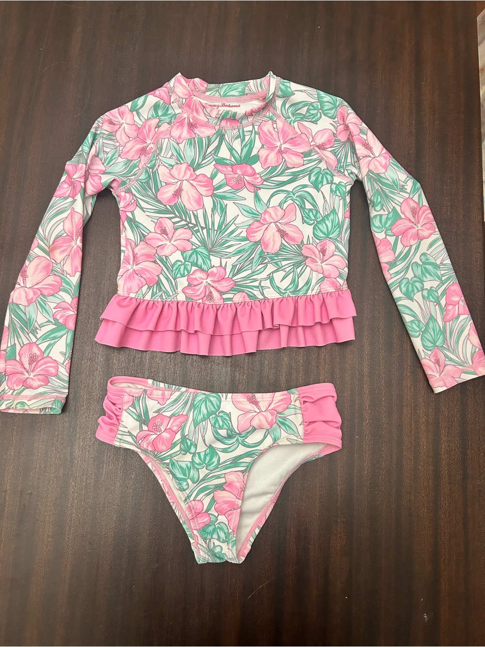 Tommy Bahama Pink & Green Floral Ruffle Long-Sleeve Rashguard Set